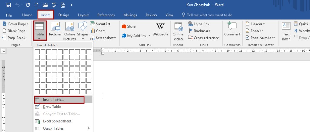 ការបង្កើតតារាង (Table) ក្នុង Word 2016